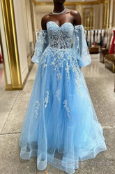 A-line Strapless Puff Long Sleeves Beaded Appliques Long Semi Formal Prom Dress